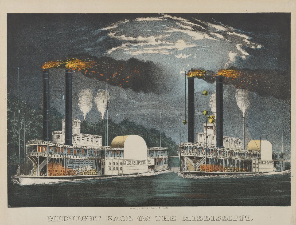 Wyścig o północy na Missisipi autorstwa Currier and Ives