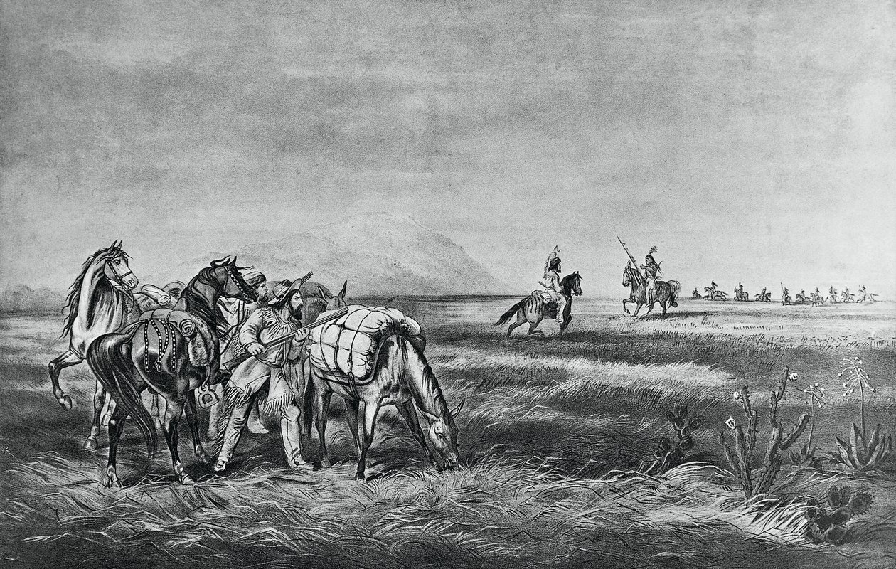 Pokój czy wojna, Spotkanie między Indianami a białymi myśliwymi, wyd. Colin Simkin autorstwa Currier and Ives
