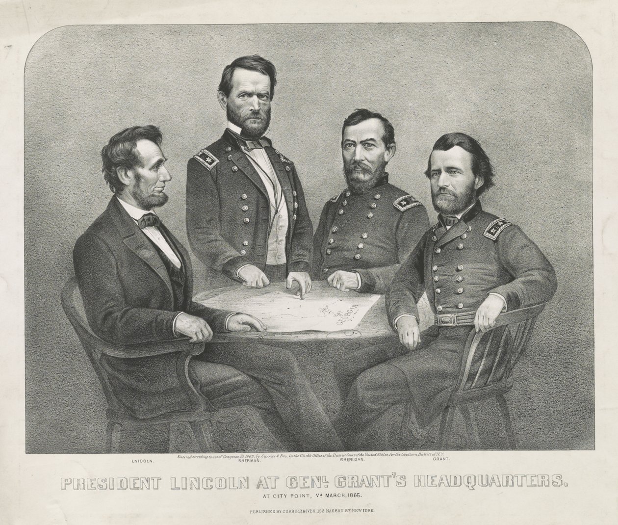 Prezydent Lincoln w Genl. Siedziba Granta, c.1865 (litografia) autorstwa Currier and Ives