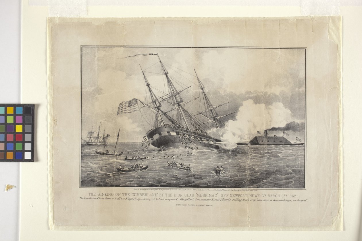 Zatonięcie Cumberland przez pancernik „Merrimack” (litografia) autorstwa N. and Ives J.M. (1824 95) Currier