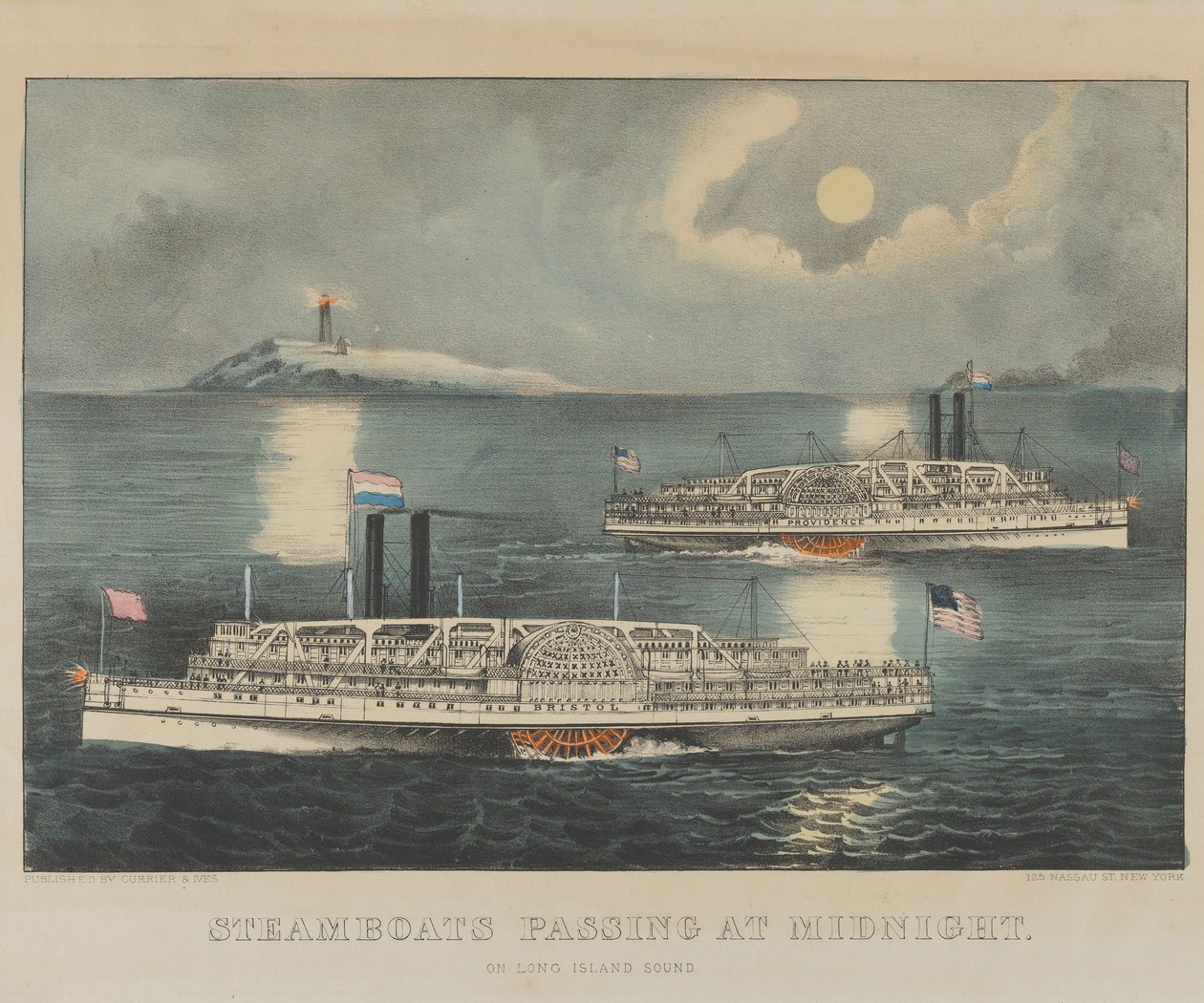 Parowce przepływające o północy na Long Island Sound autorstwa Currier and Ives