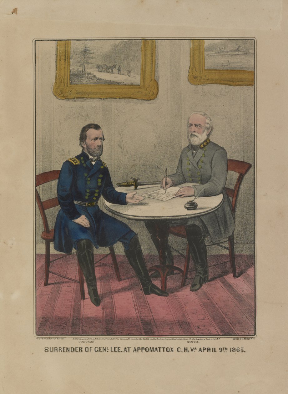 Poddanie się Genl. Lee, w Appomattox C.H. Va. 9 kwietnia. 1865 (litografia kolorowa) autorstwa Currier and Ives