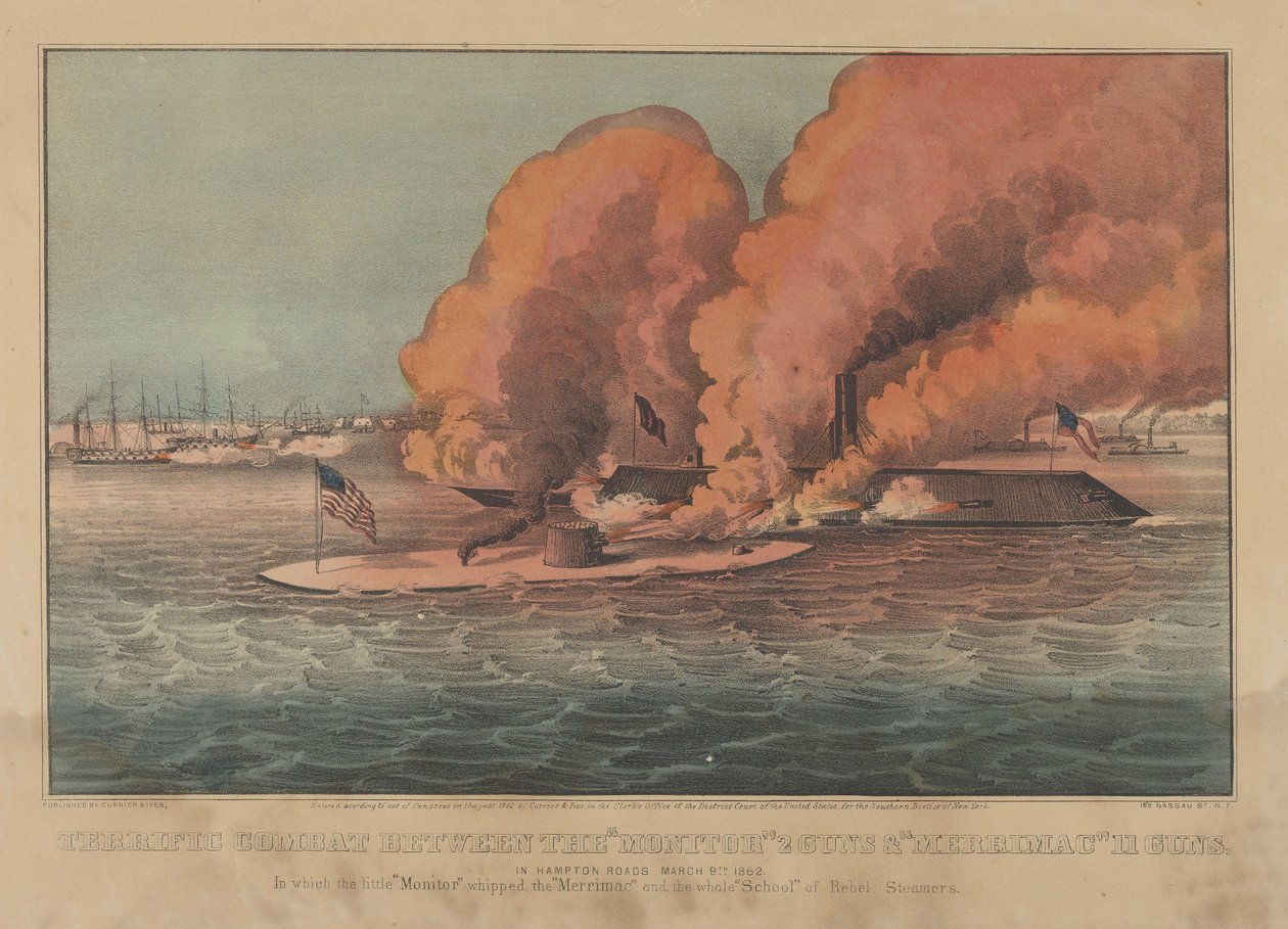 Wspaniała walka między działami „Monitor” 2 i „Merrimac” 11 w Hampton Roads 9 marca 1862 (ręcznie kolorowana litografia) autorstwa Currier and Ives