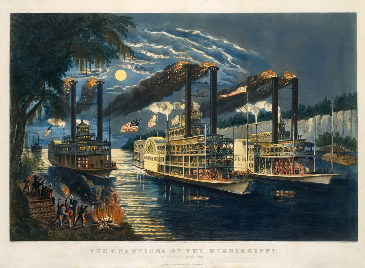 Mistrzowie Missisipi – „Wyścig o Buckhorns” autorstwa Currier and Ives