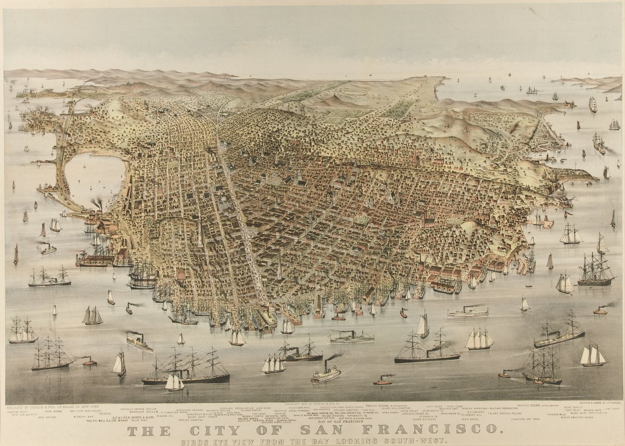 Miasto San Francisco – widok z lotu ptaka z zatoki, patrząc na południowy zachód autorstwa Currier and Ives