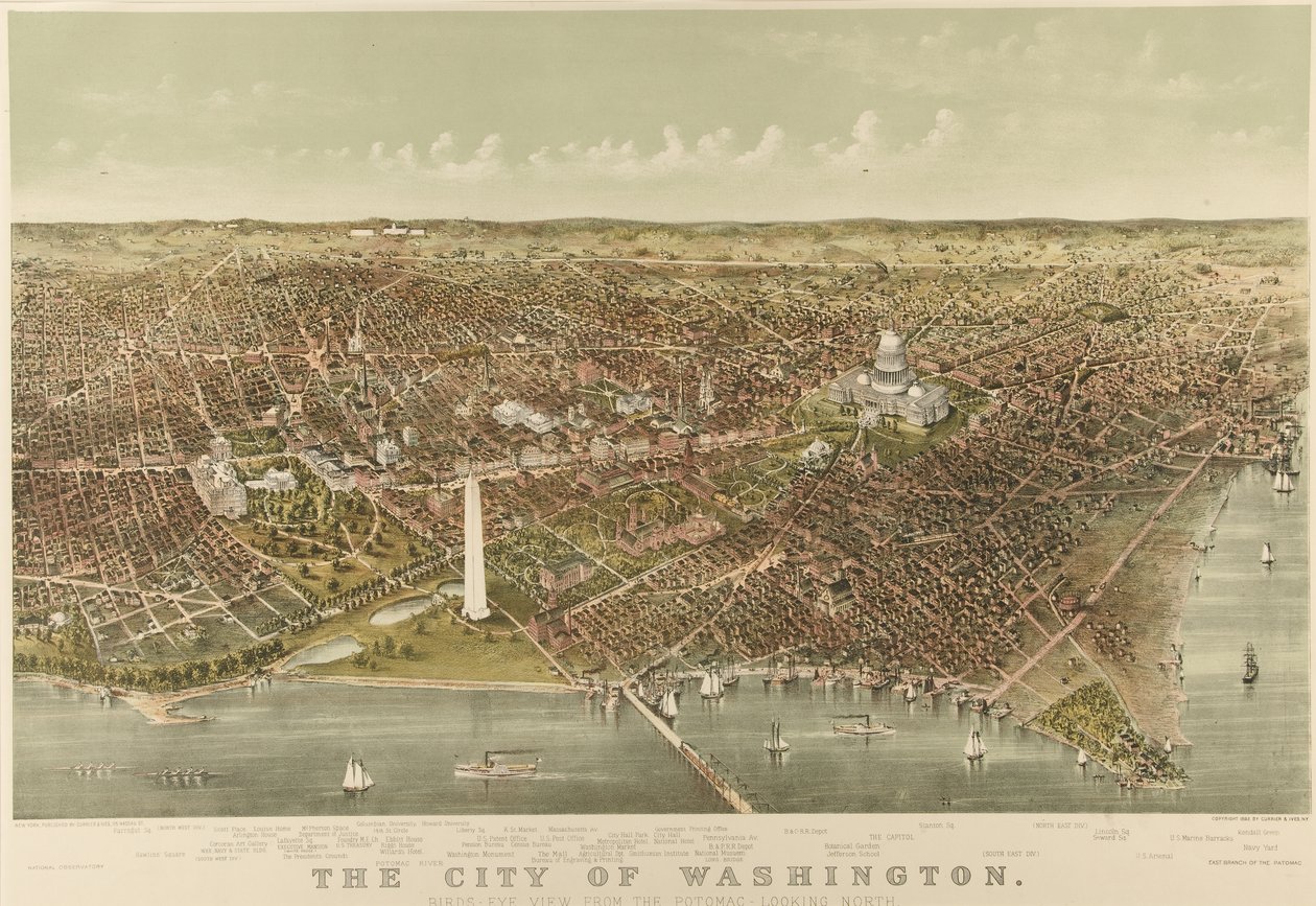Miasto Waszyngton: widok z lotu ptaka z Potomac patrząc na północ autorstwa Currier and Ives