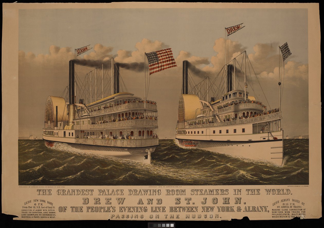 Najwspanialsze parowce na świecie, Drew i St John z Peoples Evening Line, kursujące między Nowym Jorkiem a Albany... autorstwa N. and Ives J.M. (1824 95) Currier