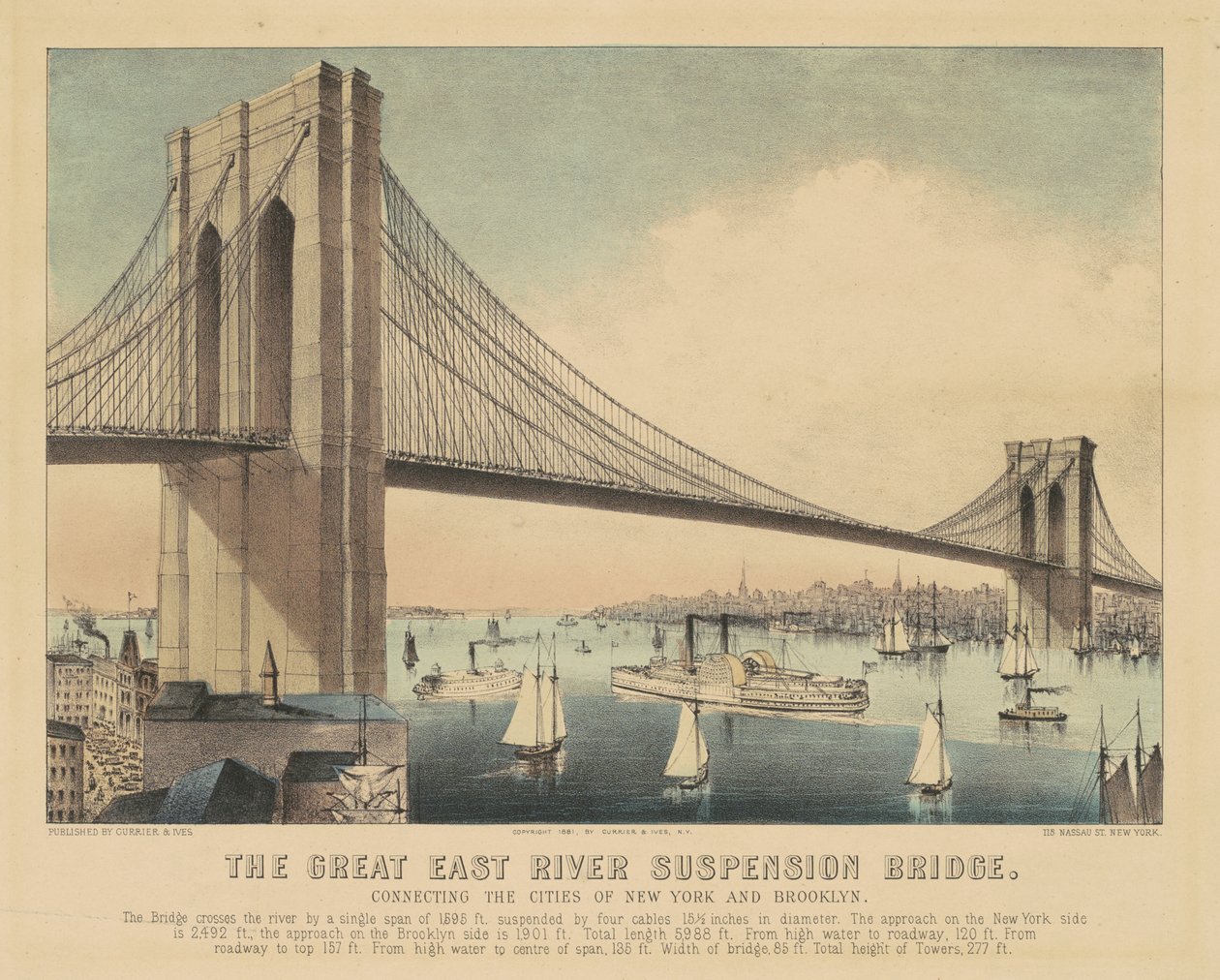 Most wiszący Great East River łączący miasta Nowy Jork i Brooklyn autorstwa Currier and Ives