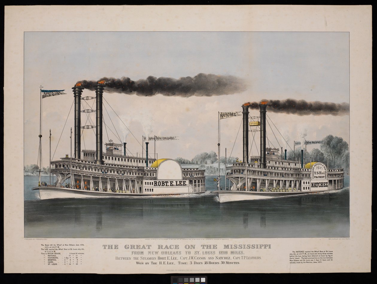 Wielki wyścig na Missisipi z Nowego Orleanu do St. Louis 1210 mil. Pomiędzy parowcami Robt. E. Lee... i Natchez.... Wygrał R.E. Lee autorstwa N. and Ives J.M. (1824 95) Currier