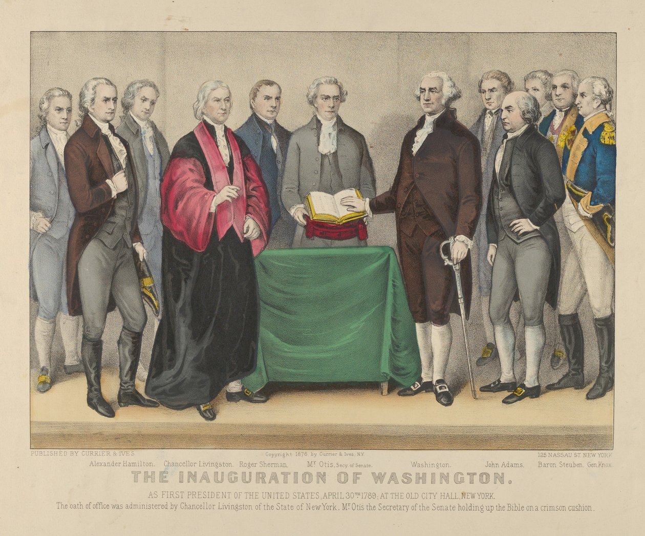 Inauguracja Waszyngtonu jako pierwszego prezydenta Stanów Zjednoczonych 30 kwietnia 1789 r. W Starym Ratuszu w Nowym Jorku autorstwa Currier and Ives
