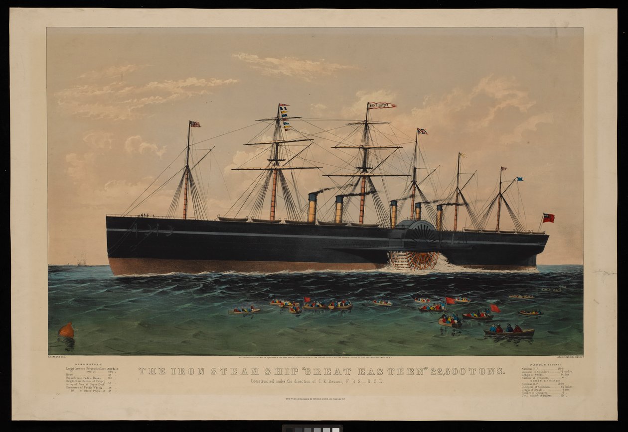 Żelazny statek parowy Great Eastern... Zbudowany pod kierownictwem I K Brunela... autorstwa N. and Ives J.M. (1824 95) Currier