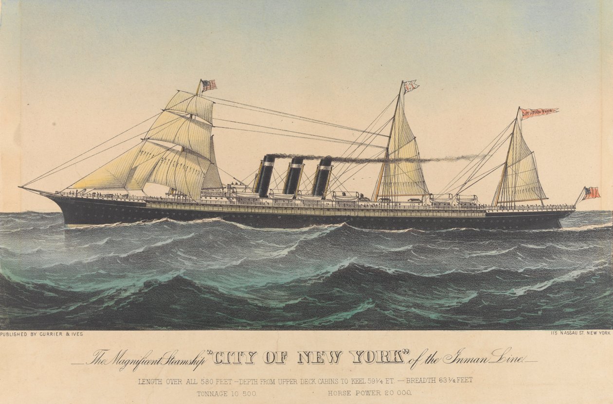 Wspaniały statek parowy "City of New York" linii Inman Line, koniec XIX wieku (litografia, kolorowana) autorstwa N. and Ives J.M. (1824 95) Currier