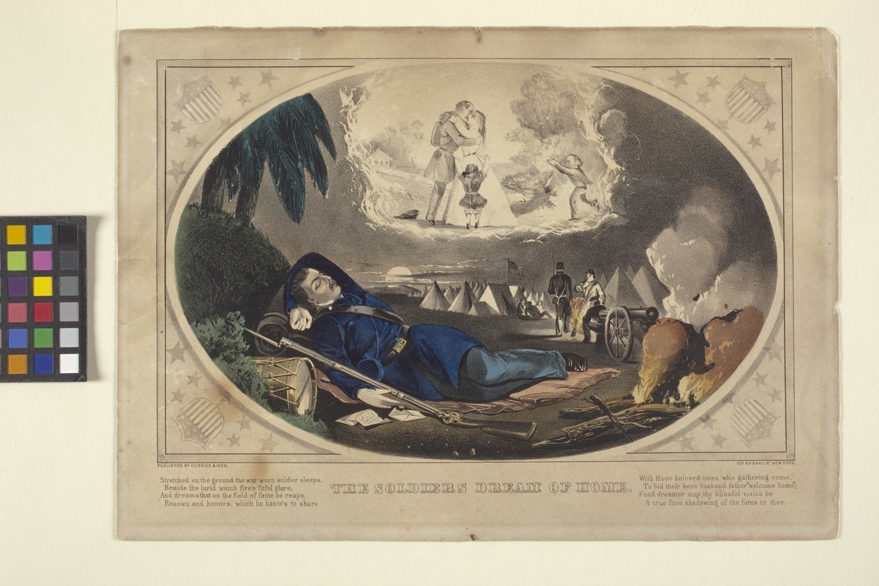 Sen żołnierza o domu (litografia ręcznie kolorowana) autorstwa N. and Ives J.M. (1824 95) Currier