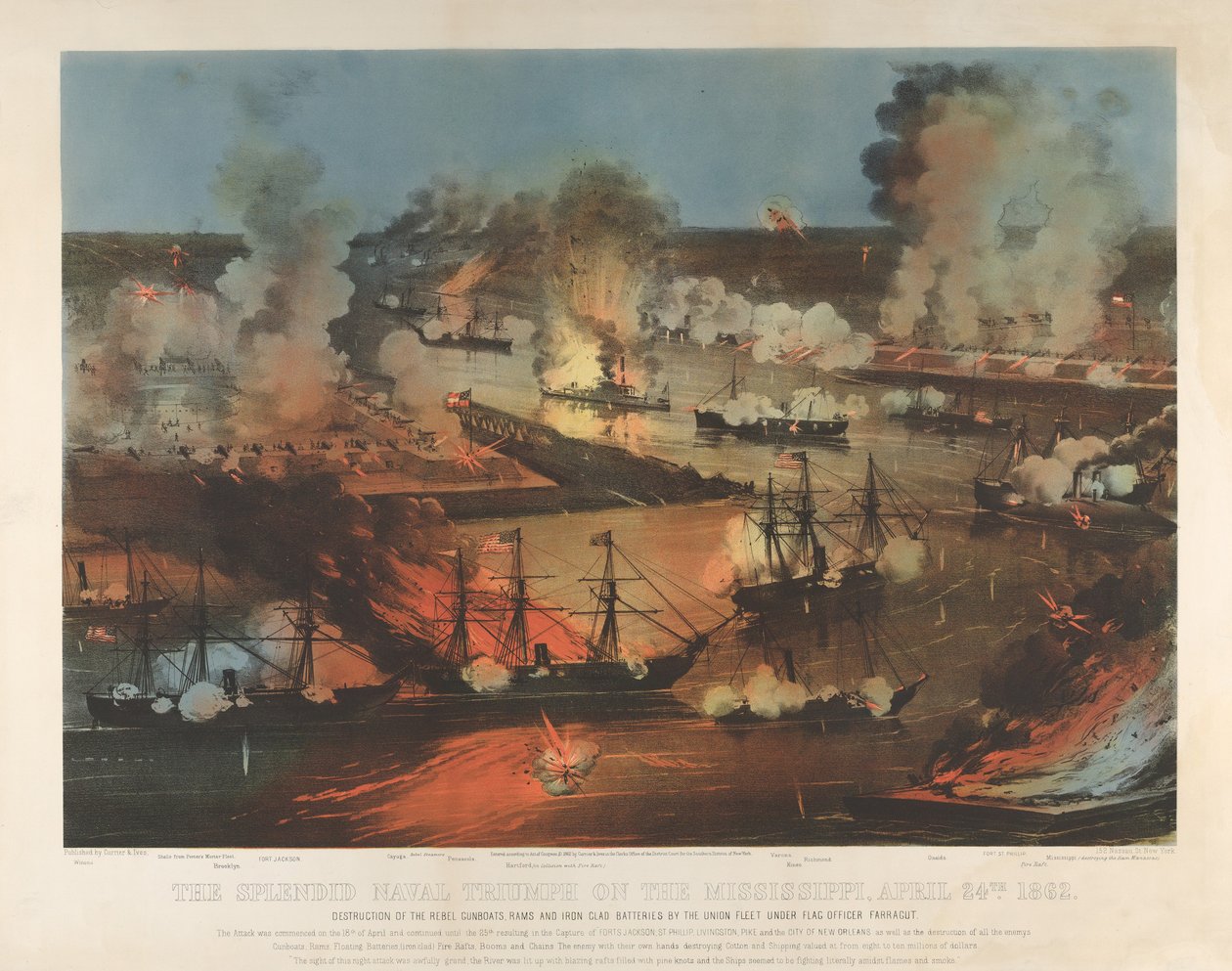 Wspaniały triumf marynarki wojennej na Missisipi, 24 kwietnia autorstwa Currier and Ives