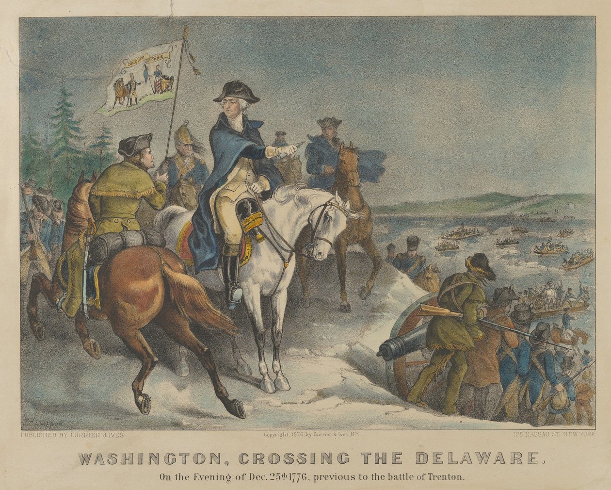Waszyngton przekracza Delaware Wieczorem 25 grudnia 1776 roku, przed bitwą pod Trenton autorstwa Currier and Ives