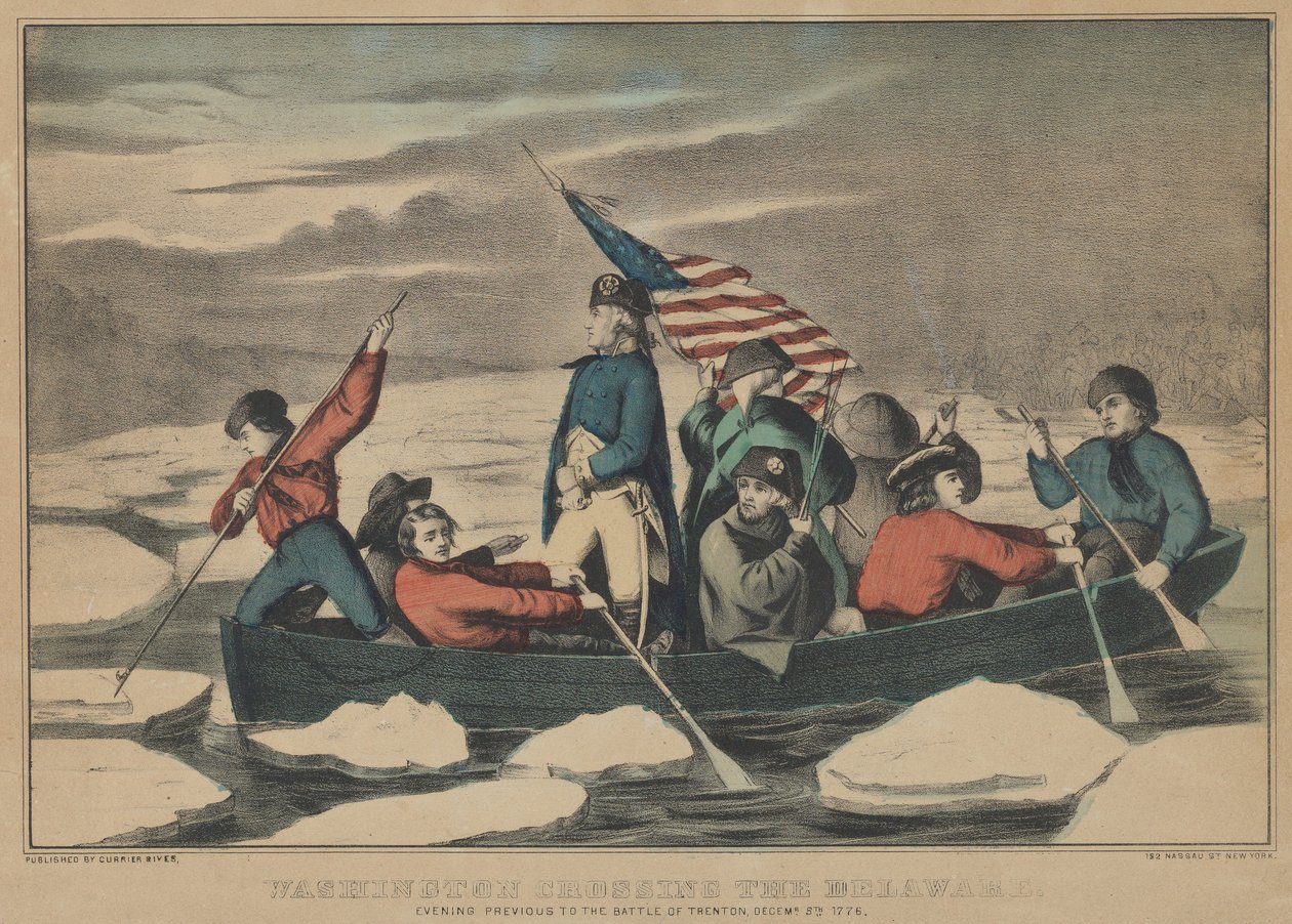 Waszyngton przekracza Delaware wieczorem poprzedzający bitwę pod Trenton, 5 grudnia 1776 r. autorstwa Currier and Ives