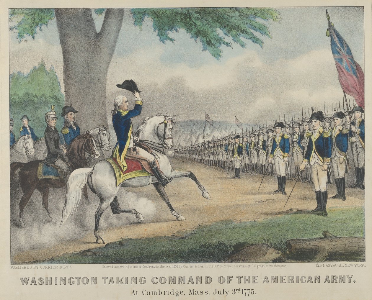 Waszyngton przejmując dowództwo Armii Amerykańskiej w Cambridge, Massachusetts w dniu 3 lipca 1775 r autorstwa Currier and Ives