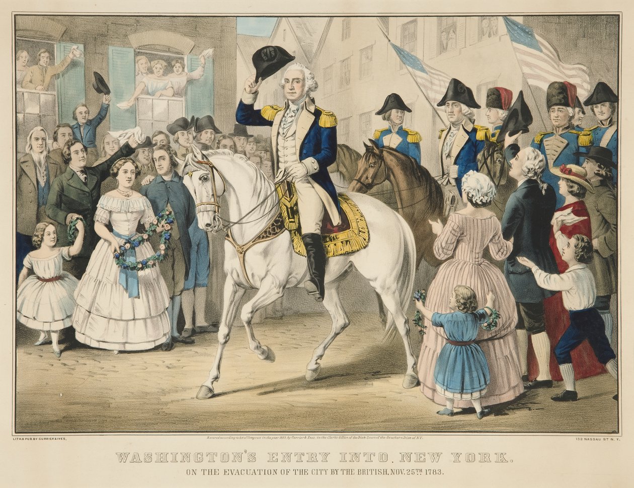 Wejście Waszyngtonu do Nowego Jorku po ewakuacji miasta przez Brytyjczyków 25 listopada 1783 r. autorstwa Currier and Ives