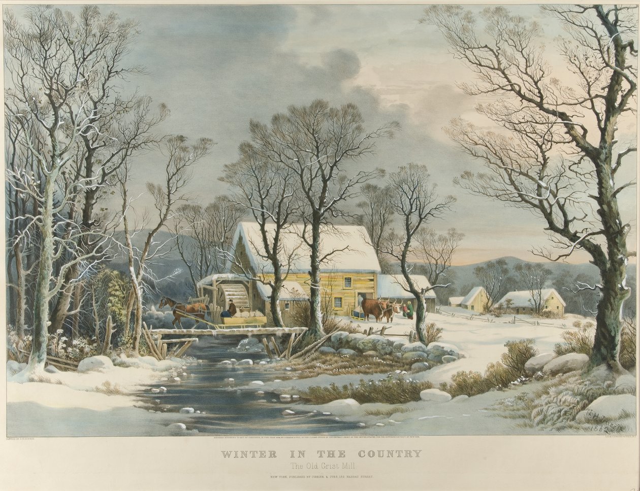 Zima na wsi, stary młyn przemiałowy autorstwa Currier and Ives