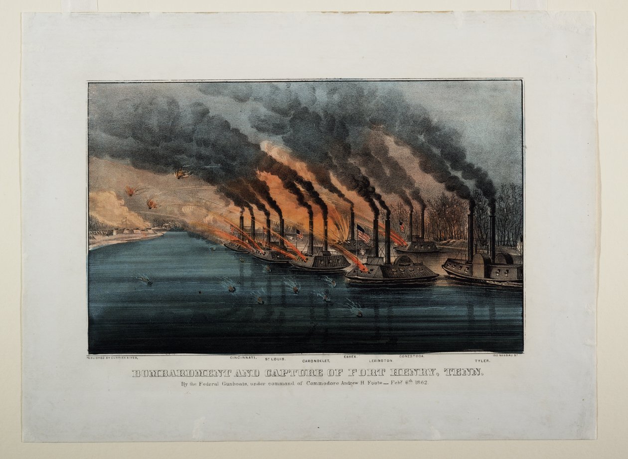Bombardowanie i zdobycie Fort Henry, Tenn, ok. 1862 r. autorstwa N. and Ives, J.M. Currier