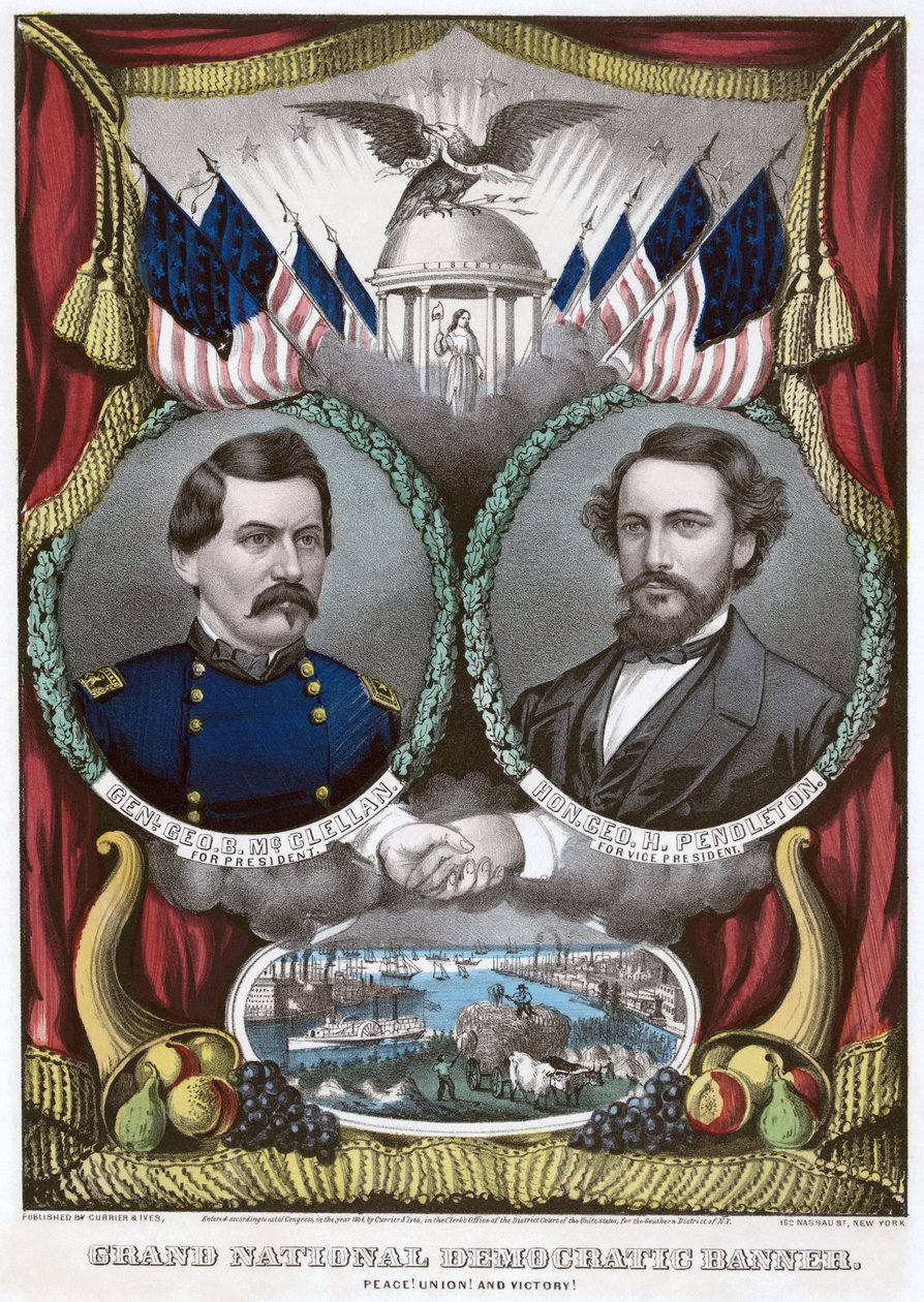 Wielki sztandar Narodowej Demokracji. Pokój! Unia! i zwycięstwo!, 1864 autorstwa N. and Ives, J.M. Currier