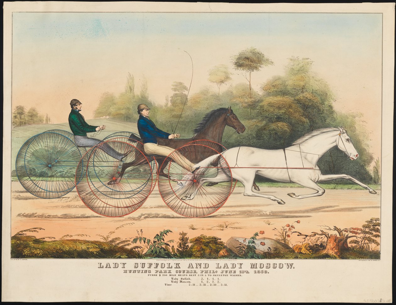 Lady Suffolk i Lady Moscow, Hunting Park Course, Filadelfia, 13 czerwca 1850 r. (litografia ręcznie kolorowana) autorstwa N. and Ives, J.M. Currier