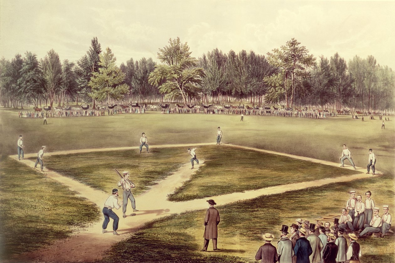 American National Game of Baseball – Wielki Mecz na Elysian Fields, Hoboken, NJ, 1866 (patrz także 159490) autorstwa N. and Ives, J.M. Currier