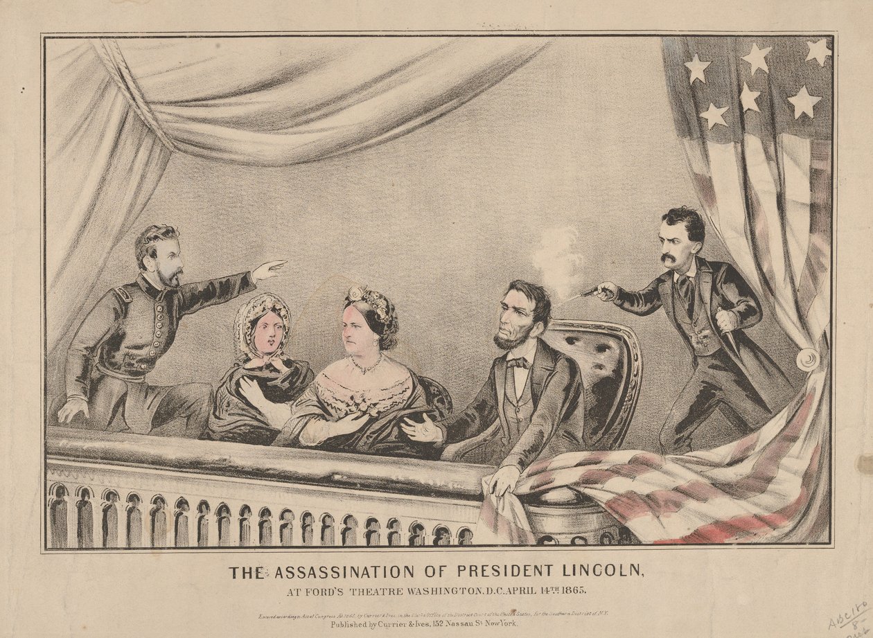 Zabójstwo prezydenta Lincolna w teatrze Fords, Waszyngton, 1865 (litografia ręcznie kolorowana) autorstwa N. and Ives, J.M. Currier