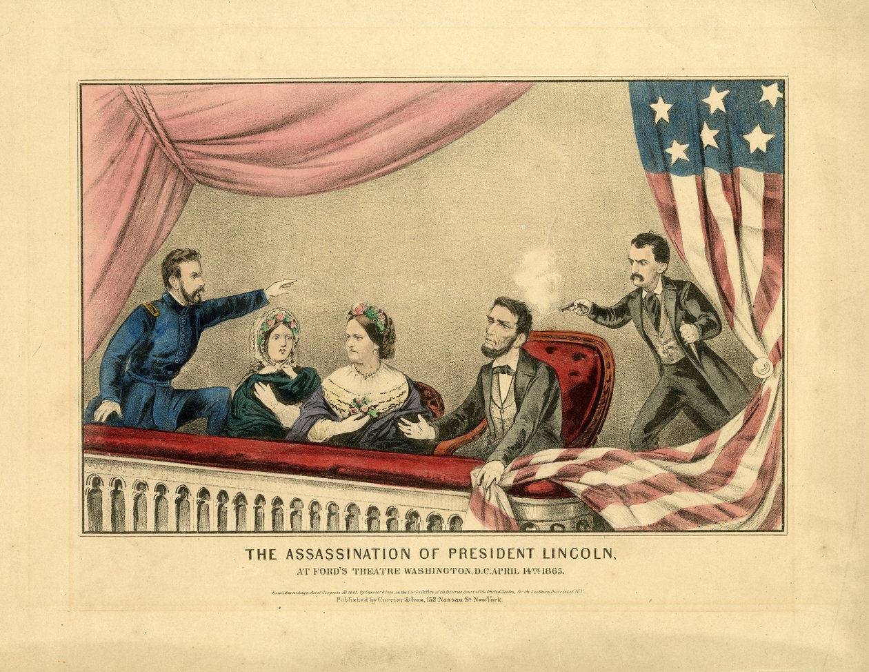 Zabójstwo prezydenta Lincolna, w teatrze Forda w Waszyngtonie, 14 kwietnia 1865, 1865 autorstwa N. and Ives, J.M. Currier