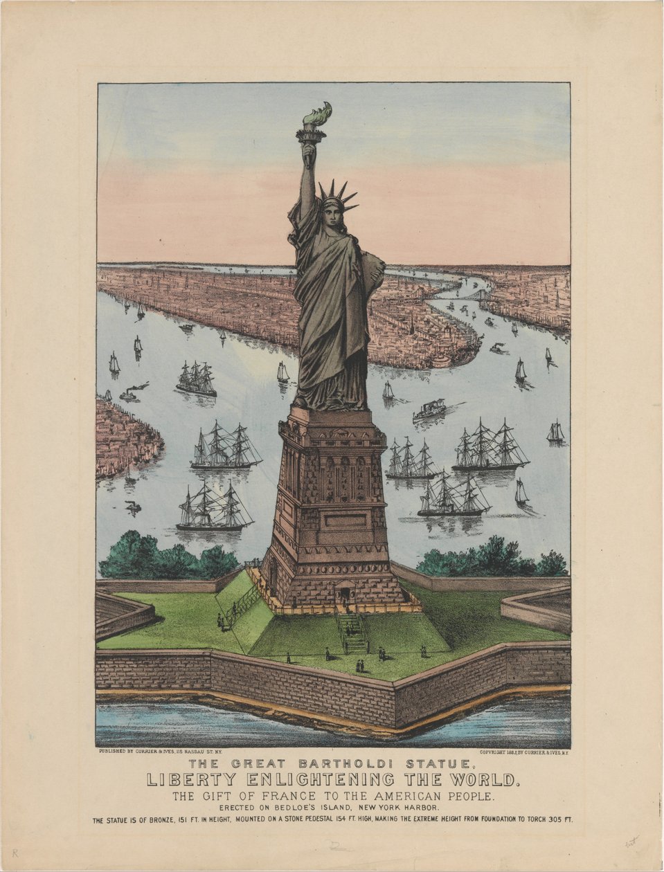 Statua Wielkiego Bartholdiego – Wolność oświecająca świat, 1885 (litografia ręcznie kolorowana) autorstwa N. and Ives, J.M. Currier
