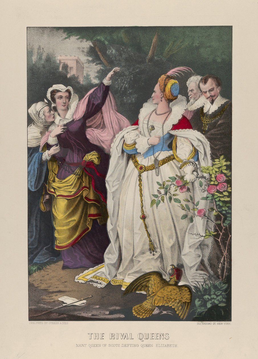 Konkurencyjne królowe, Maria królowa Szkotów przeciw królowej Elżbiecie, 1857-72 (ręcznie kolorowana litografia) autorstwa N. and Ives, J.M. Currier