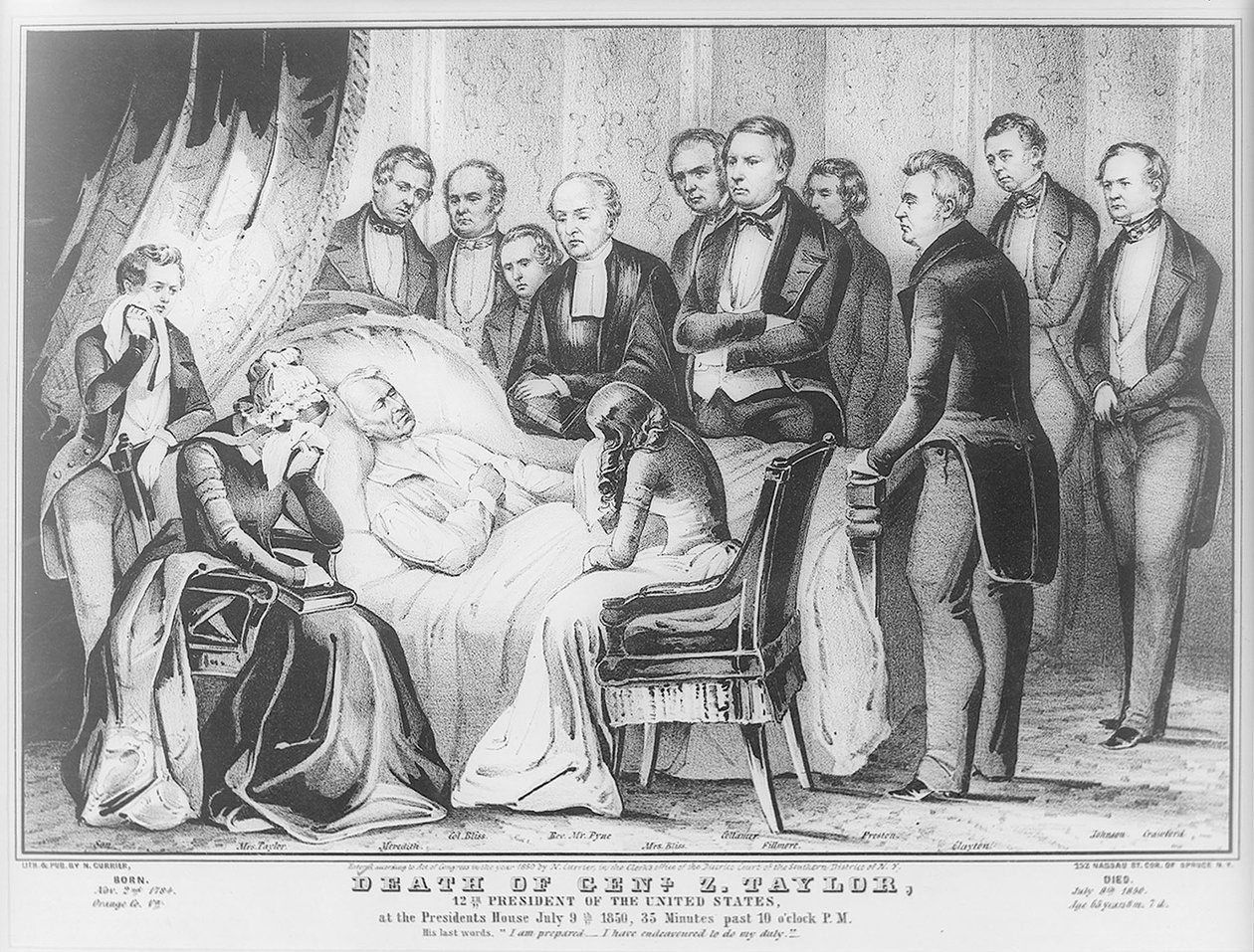 Zachary Taylor na łożu śmierci w Białym Domu, 1850 autorstwa N. and Ives, J.M. Currier