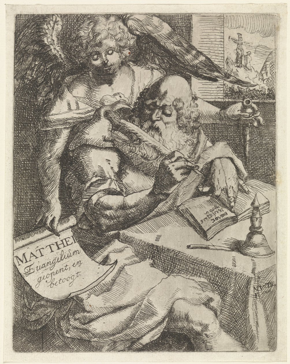 Ewangelista Mateusz Matthei Evangelium otwiera i kłóci się (tytuł na obiekcie) Strona tytułowa dla: S. van Til, Het euangelium des H. Apostles Matthæi (...) otwarta krótkimi notatkami, 1687 autorstwa N. van Til
