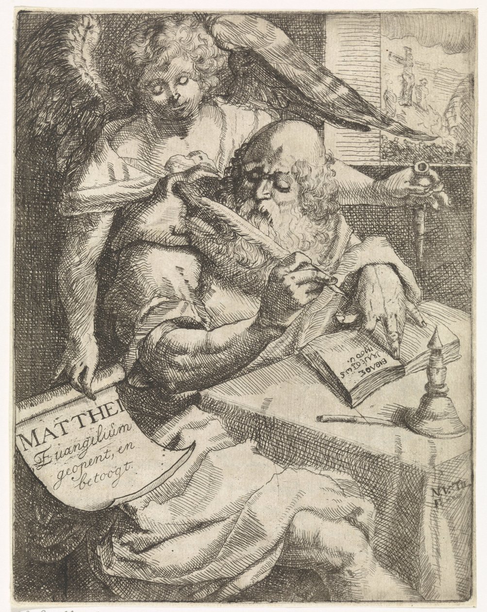 Ewangelista Mateusz Matthei Evangelium otwiera i kłóci się (tytuł na obiekcie) Strona tytułowa dla: S. van Til, Het euangelium des H. Apostles Matthæi (...) otwarta krótkimi notatkami, 1687 autorstwa N. van Til