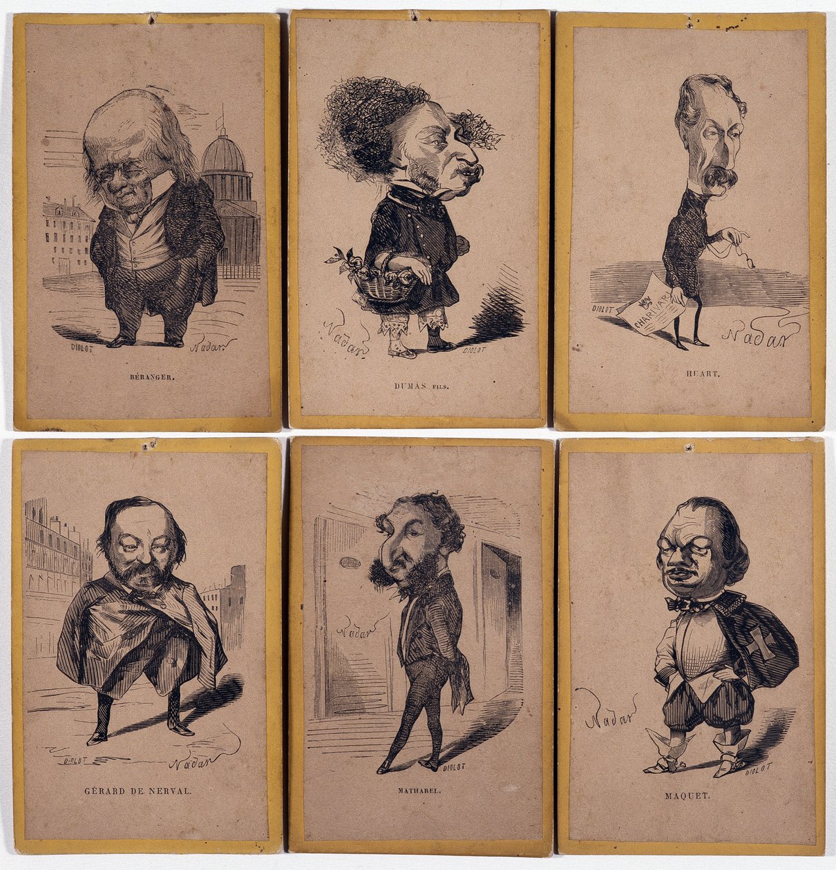 6 Portrety szarży: Pierre Jean de Beranger (1780-1857) francuski autor tekstów piosenek, Alexandre Dumas fils (1824-1895), Louis Adrien Huart (1813-1865) francuski dziennikarz, pisarz i reżyser teatralny, Gerard de Nerval (1808-1855), Francuski pisarz Char autorstwa Nadar