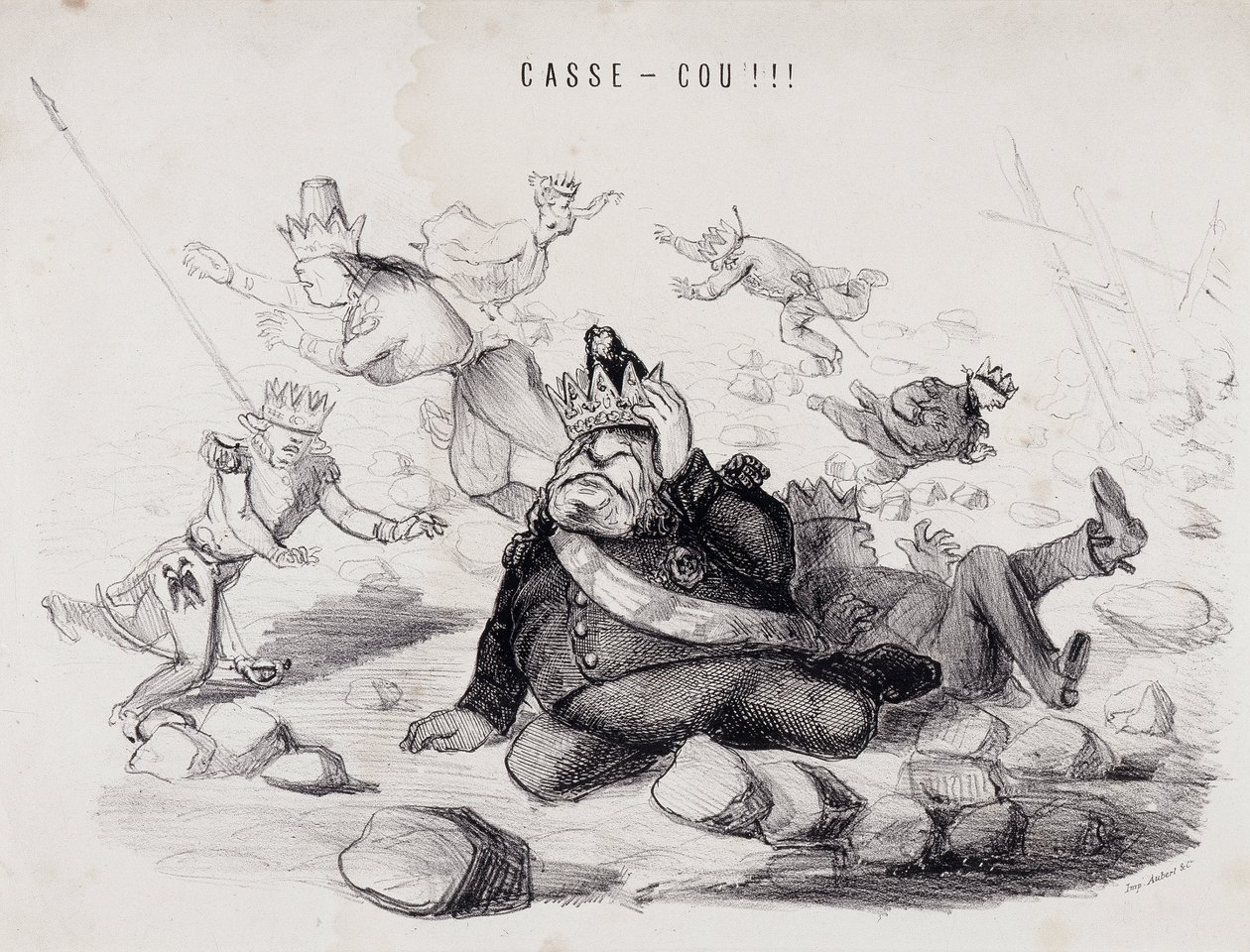 Dareneck!!! (Złamanie karku). Litografia Gabriela Auberta, drukarza w Paryżu, który wydaje gazetę „La Caricature” autorstwa Nadar