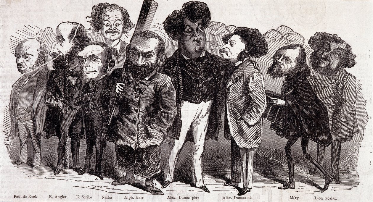 Portrety pisarzy Paula de Kocka (1793-1871), Emile Augier (1820-1889), Eugene Scribe (1791-1861), Felixa Nadara, Alphonse Karra (1808-1890), Alexandre Dumas pere (1802-1870) i Alexandre Dumas Jr. (1824-1895), Joseph Mery (1798-1866) i Leon Gozan (1803-1 autorstwa Nadar