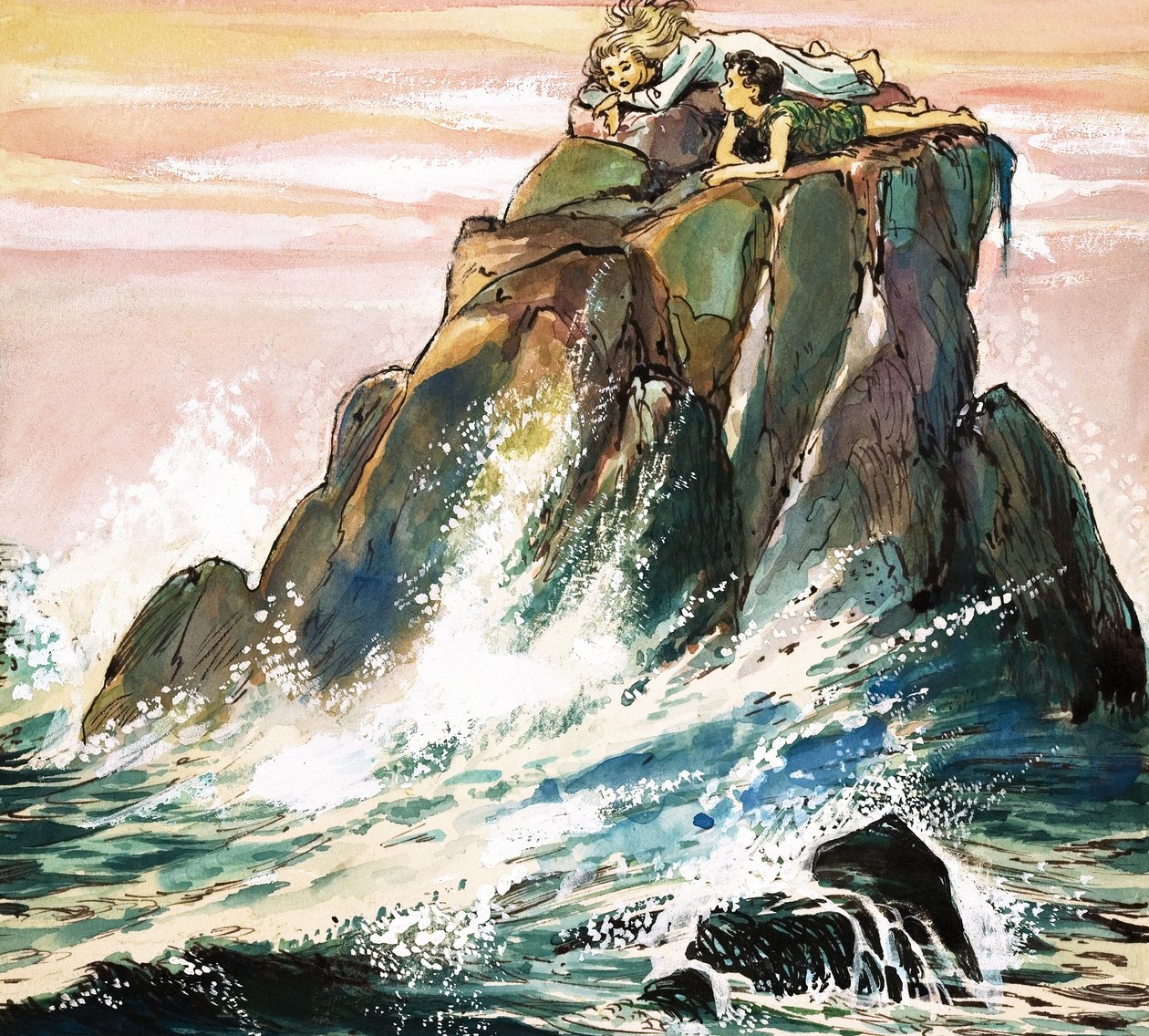 Piotruś Pan i Wendy Darling na skale, ilustracja z "Piotrusia Pana" J.M. Barrie (gwasz na papierze) autorstwa Nadir Quinto