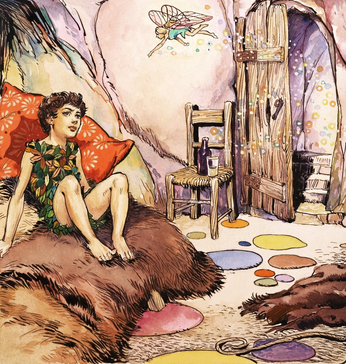 Piotruś Pan rozmawiający z Dzwoneczkiem, ilustracja z "Piotrusia Pana" J.M. Barrie (gwasz na papierze) autorstwa Nadir Quinto