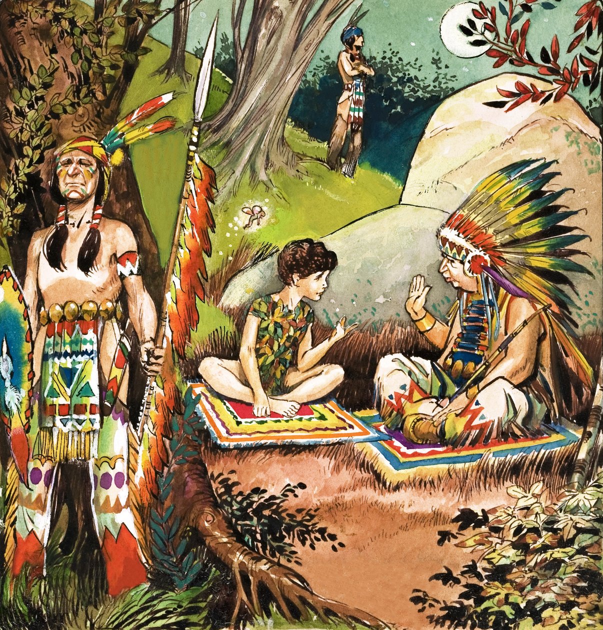 Piotruś Pan rozmawia z wodzem, ilustracja z "Piotrusia Pana" J.M. Barrie (gwasz na papierze) autorstwa Nadir Quinto