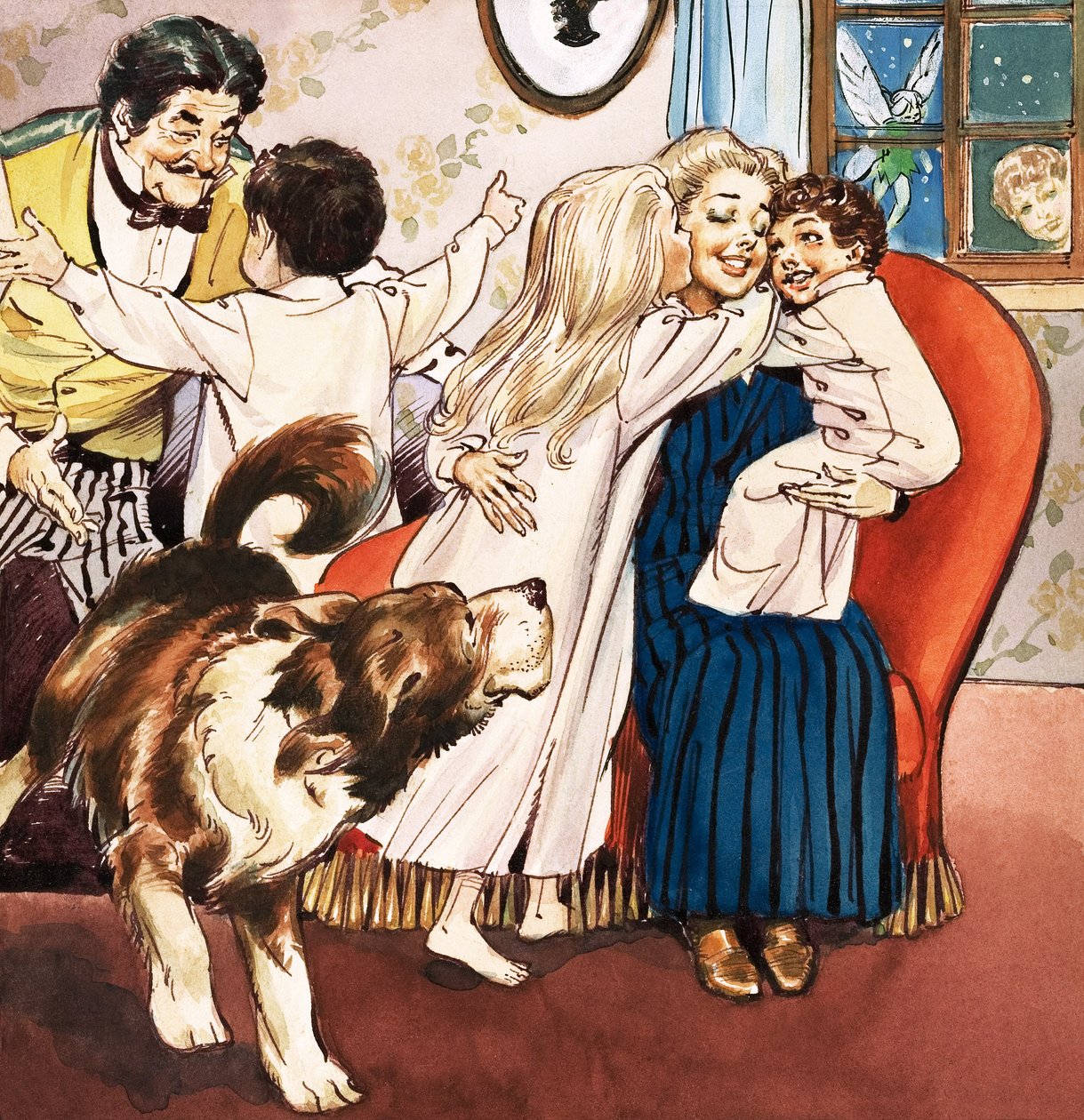 Rodzina Darlingów, ilustracja z "Piotrusia Pana" J.M. Barrie (gwasz na papierze) autorstwa Nadir Quinto