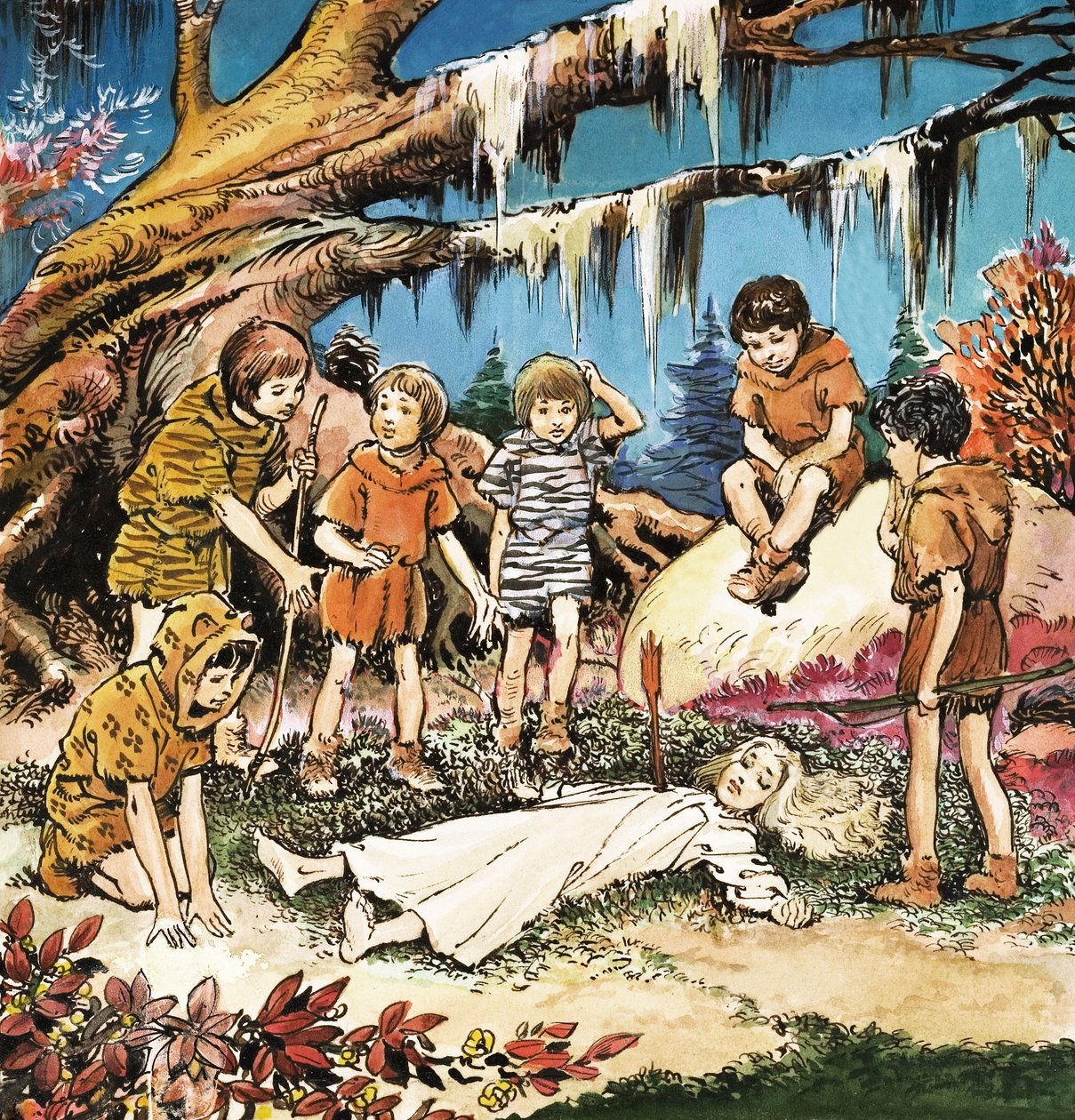 Troska Zagubionych Chłopców o ranną Wendy, ilustracja z "Piotrusia Pana" J.M. Barrie (gwasz na papierze) autorstwa Nadir Quinto