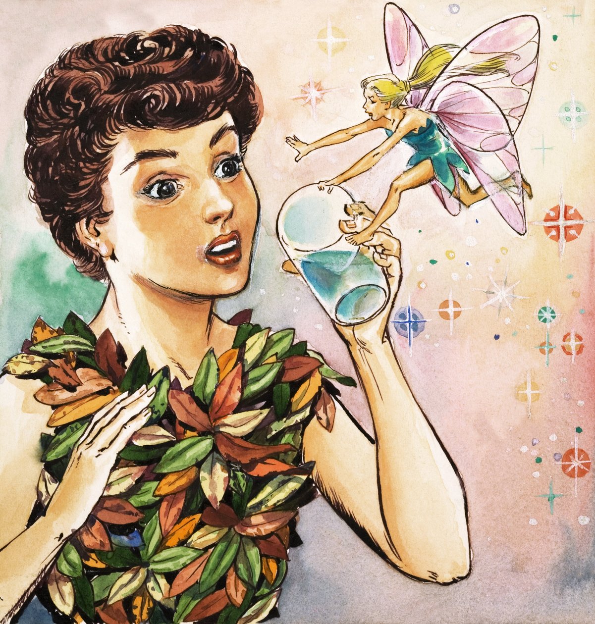 Dzwoneczek ostrzega Piotrusia Pana, ilustracja z "Piotrusia Pana" J.M. Barrie (gwasz na papierze) autorstwa Nadir Quinto