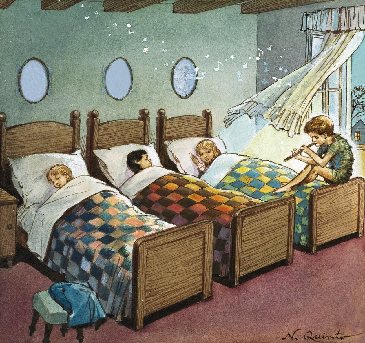 Wendy, Michael i John śpiący, ilustracja z "Piotrusia Pana" J.M. Barrie (gwasz na papierze) autorstwa Nadir Quinto