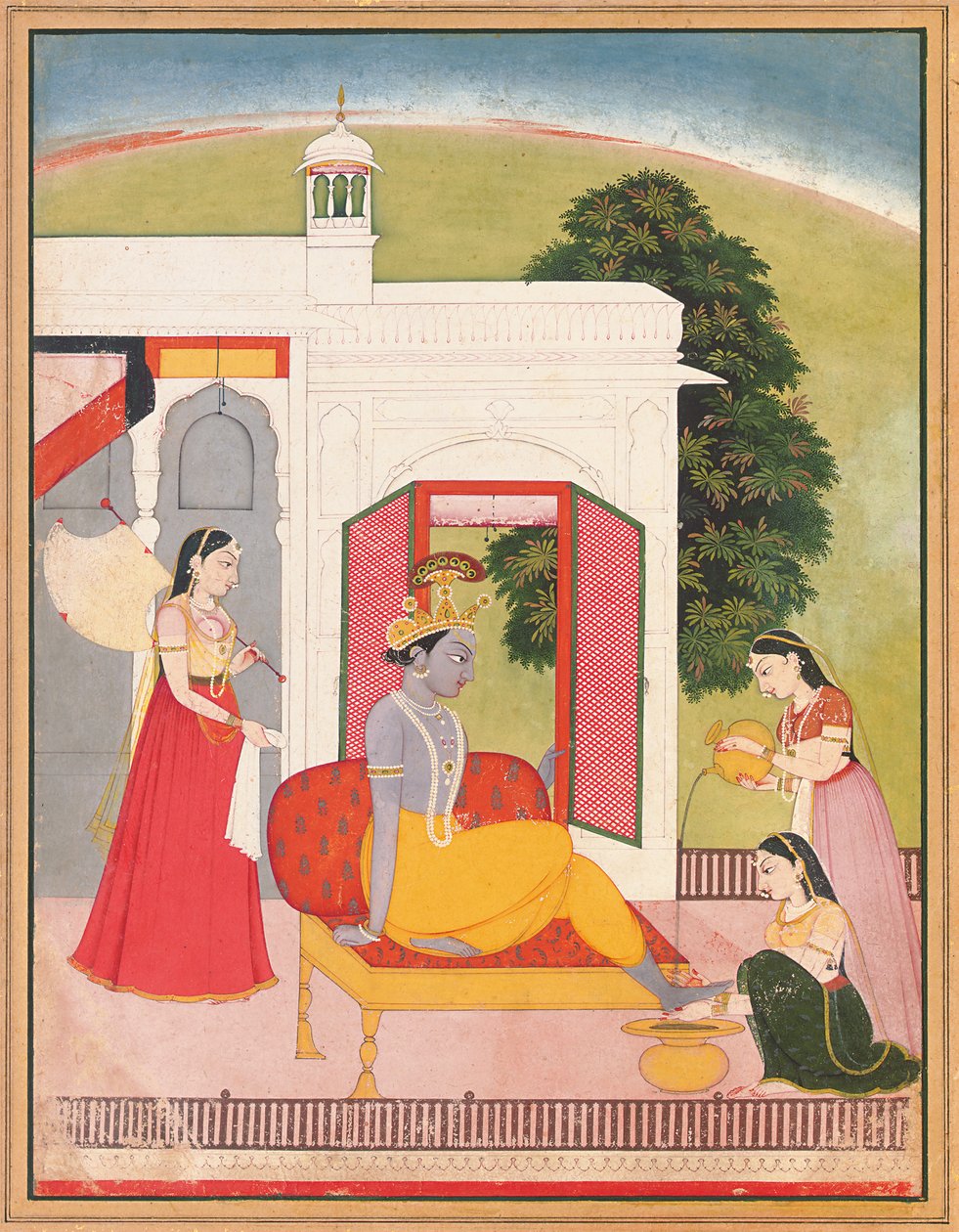 Stopy Kryszny myte przez pokojówki, Punjab Hills, Basohli, ok. 1780 autorstwa Nainsukh