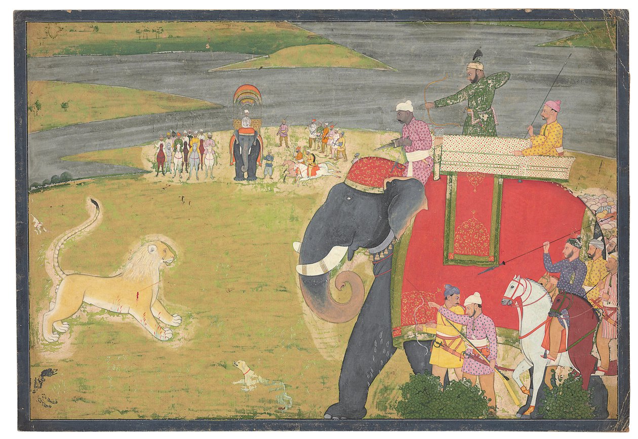 Raja Balwant Dev Singh na lwie shikaar, ok. 1750 autorstwa Nainsukh