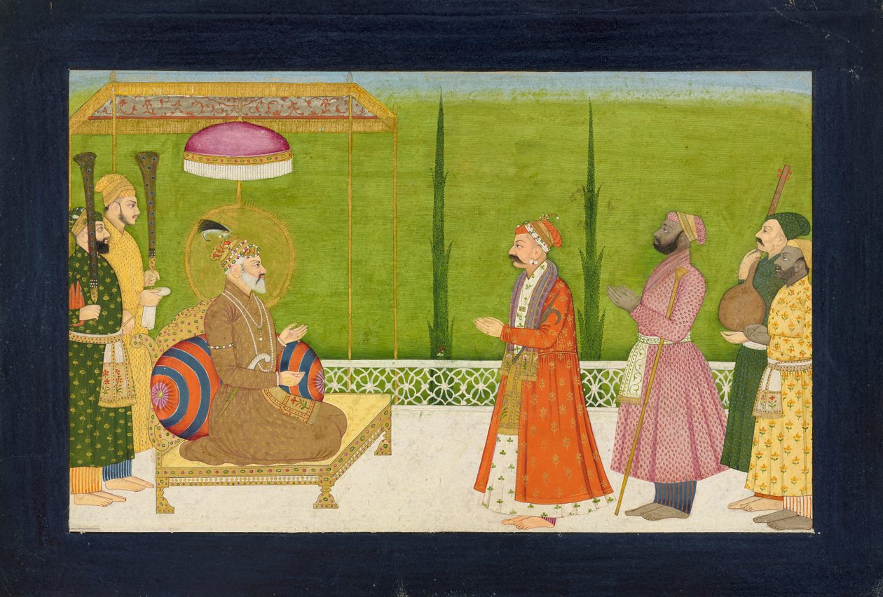 Poeta Sundar Das przed cesarzem Szahdżahanem, folio z <em>Sundar Shringar</em> autorstwa Nainsukh