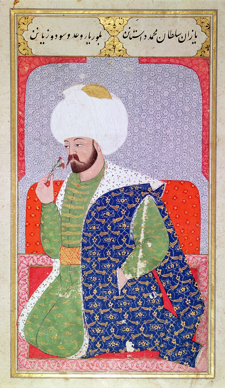 Pani Hazine.1563 Mehmed II (1432-1481), z „Semailname”, 1579 (atrament i złoty płatek na welinie) autorstwa Nakkaş Osman