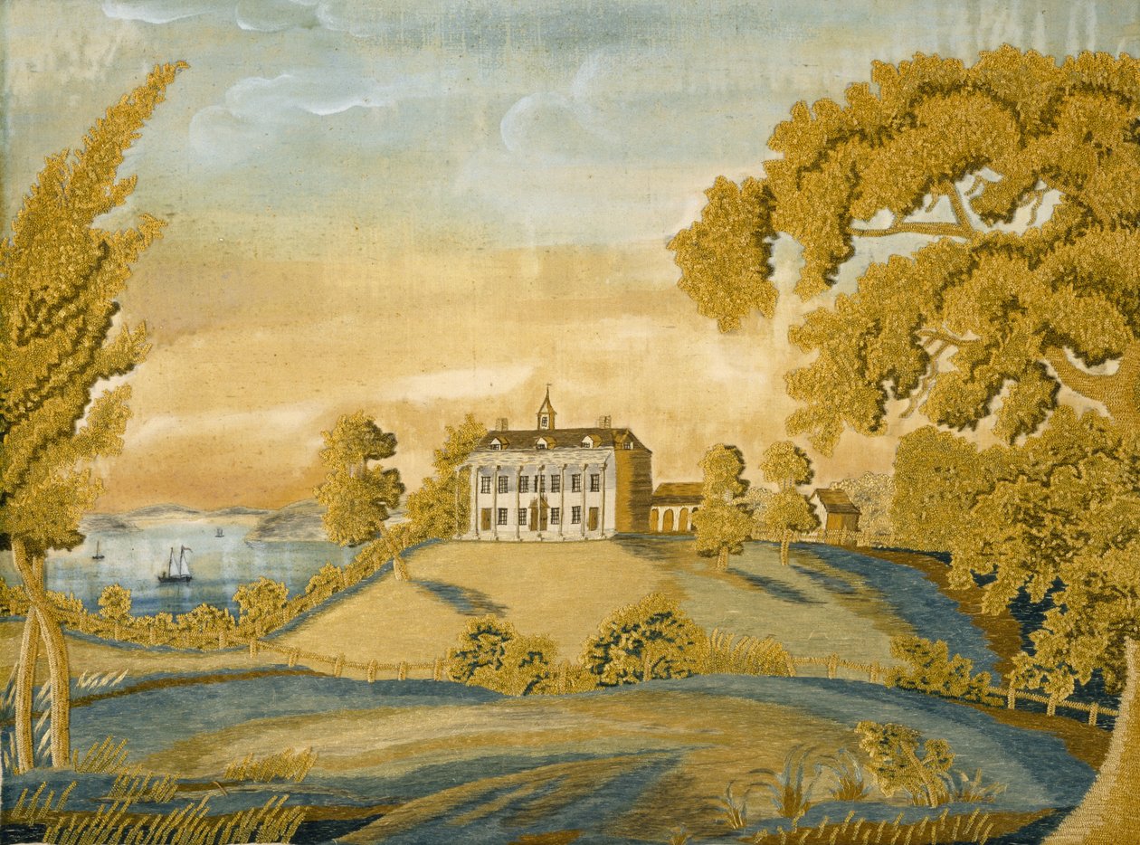Widok na Mount Vernon, ok. 1805-1810 (jedwab i akwarela) autorstwa Nancy Ellis Brewster