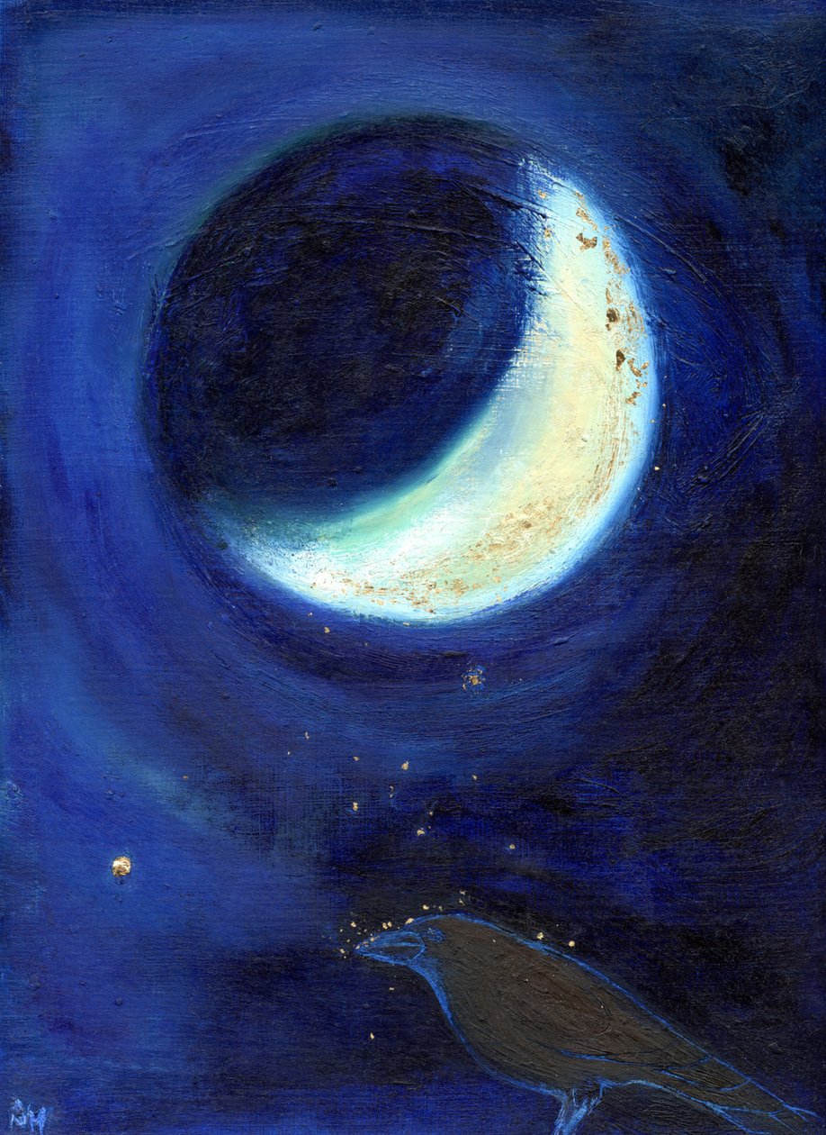 Lipcowy Księżyc, 2014, (olej i złoty liść na karcie) autorstwa Nancy Moniz Charalambous